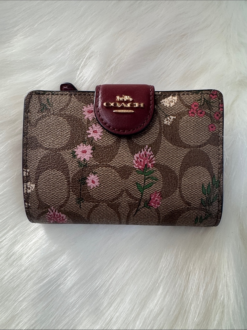 Coach Brown Signature Floral Compact Wallet with Pink Accents